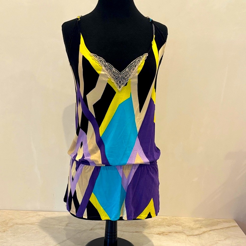 NWOT, Y.O.U.Colorful Geometric Slip Top/Dress. Made in France Chain Strap Medium